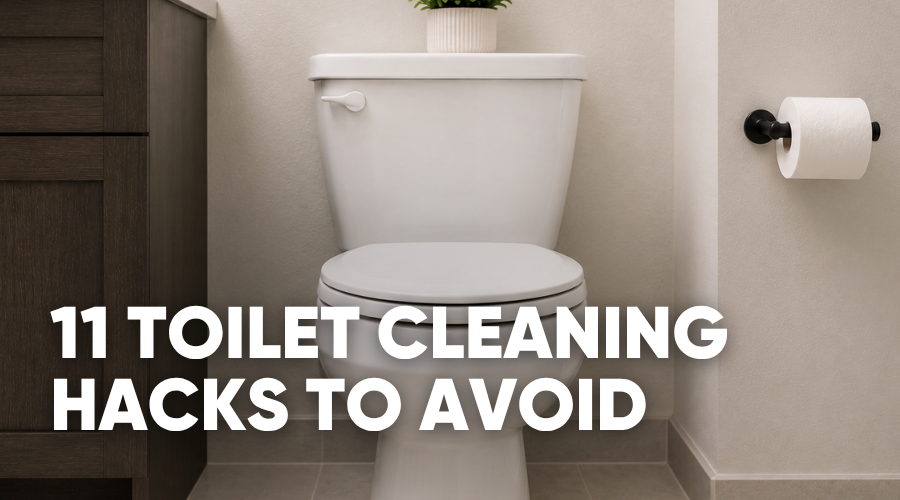 Toilet with cleaning tips text overlay.