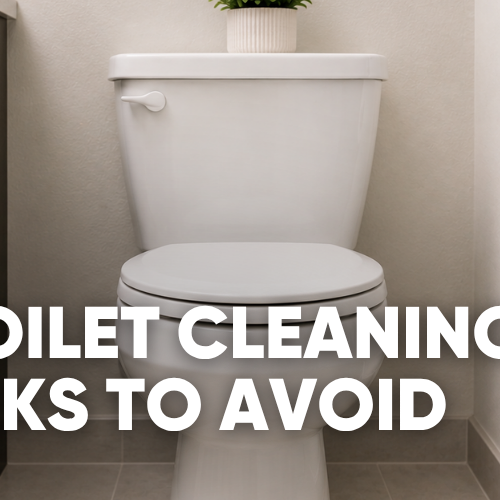 Toilet with cleaning tips text overlay.