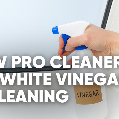 Hand holding a spray bottle, text about using vinegar for cleaning.