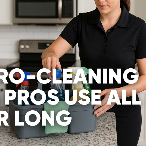 Person organizing cleaning supplies in a kitchen with a text overlay.