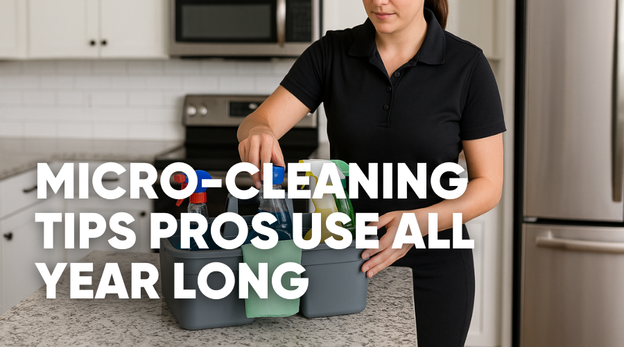 Person organizing cleaning supplies in a kitchen with a text overlay.