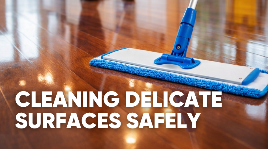 A cleaning tool on a polished wooden floor with text about safe cleaning.