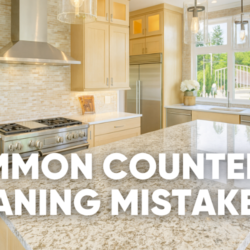 Modern kitchen with text about common counter cleaning mistakes.