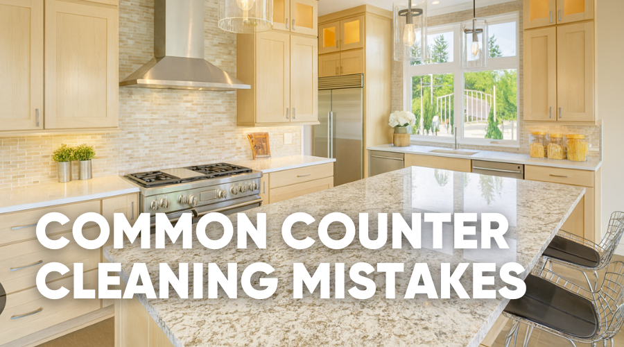 Modern kitchen with text about common counter cleaning mistakes.