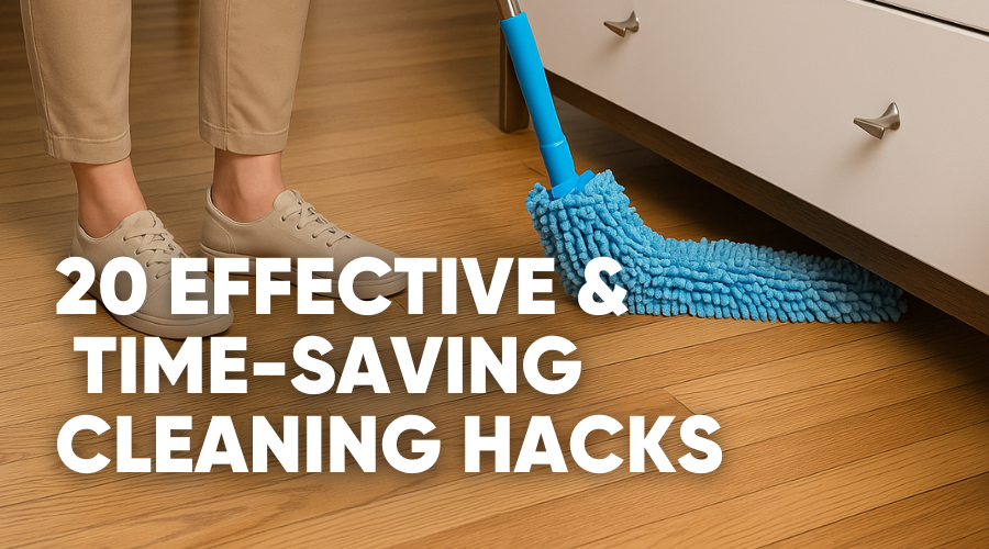 Person using a cleaning tool under furniture with cleaning tips text.