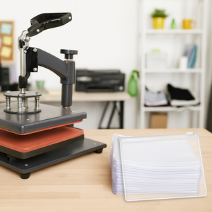 lens cloth pouches in a stack next to a heat press machine 
