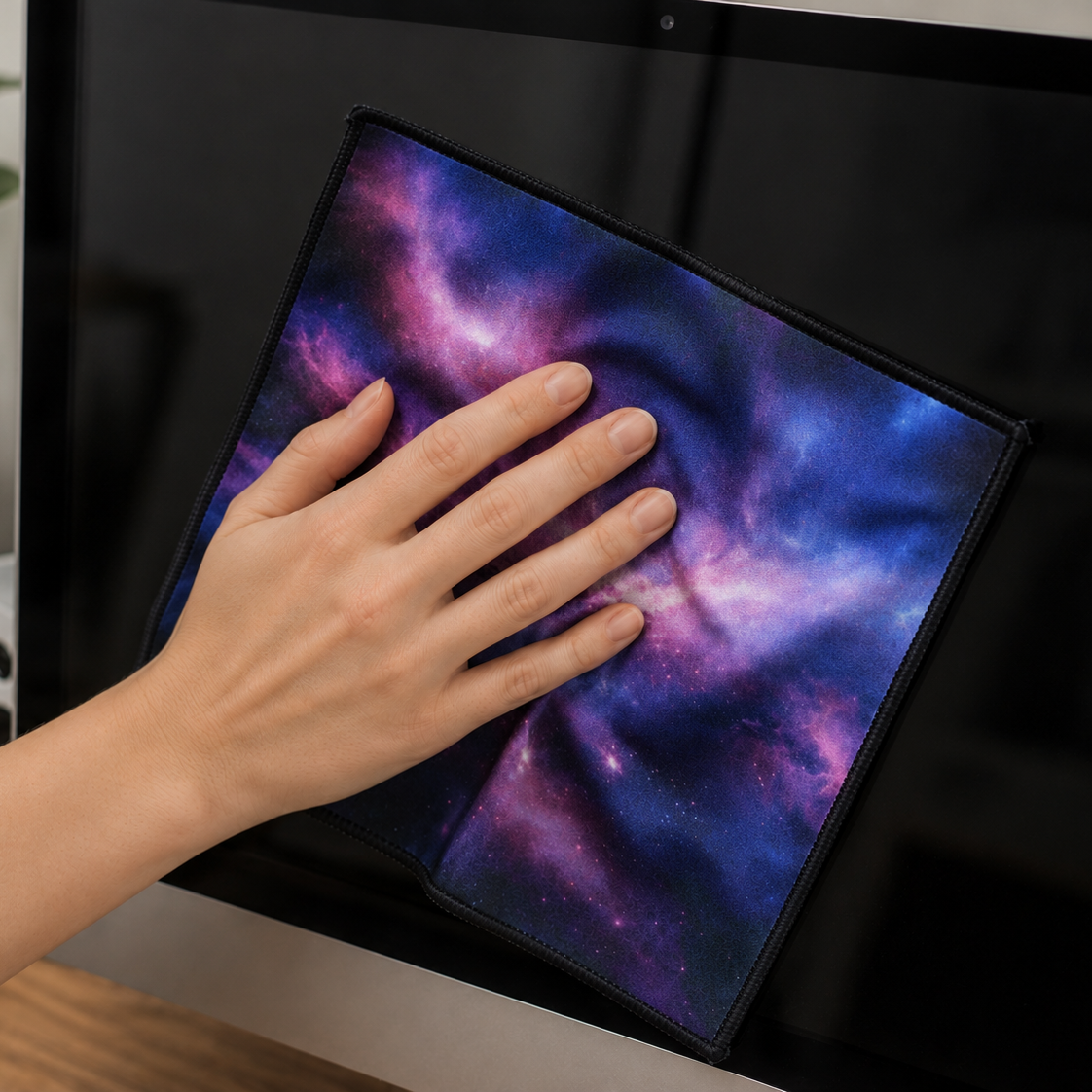 Place this 8"x8" lens cloth into a lifestyle image of a woman wiping her computer monitor in her home office