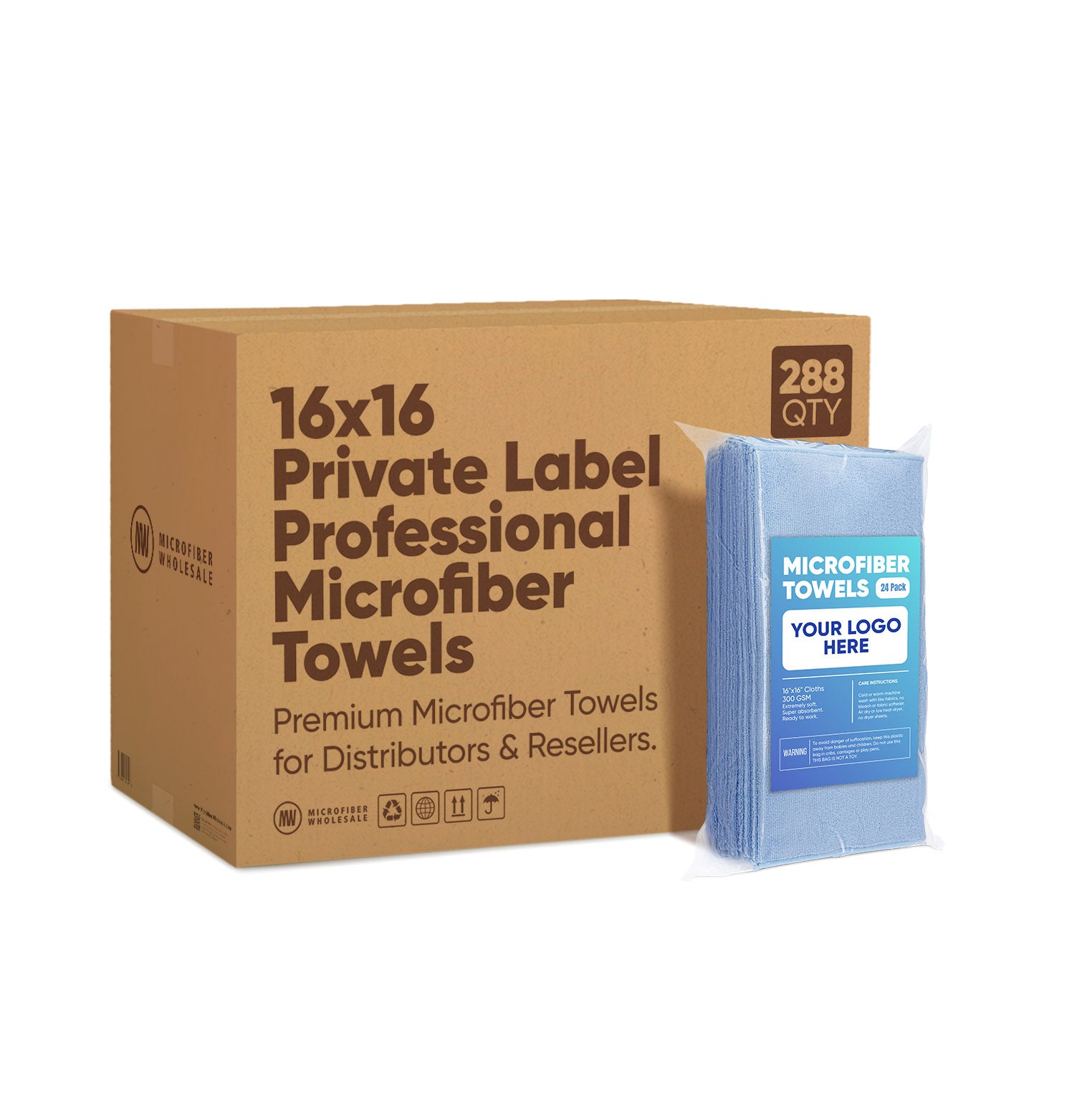 16"x16" 300GSM Microfiber Towels - Case of 288 - Private-Label