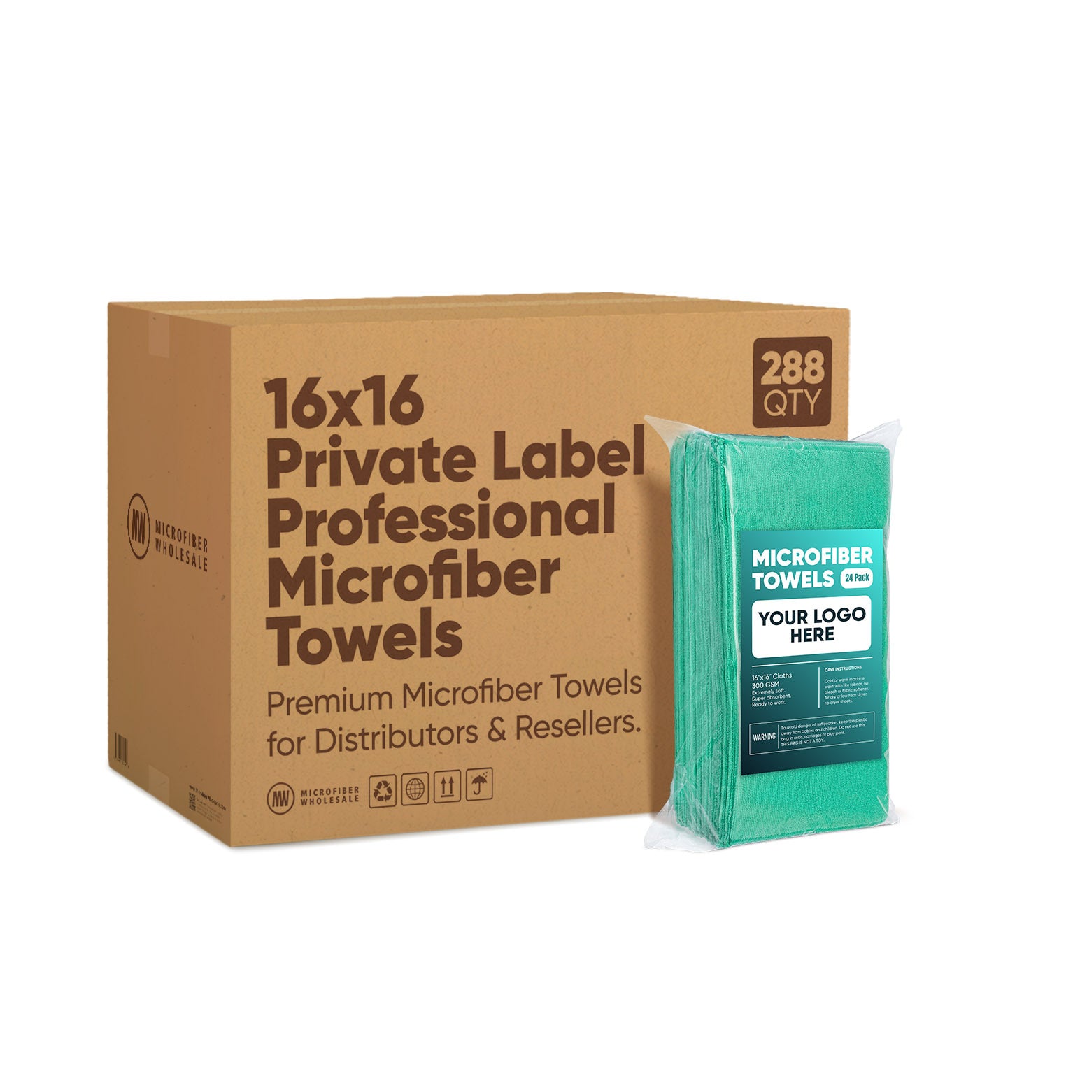 16"x16" 300GSM Microfiber Towels - Case of 288 - Private-Label