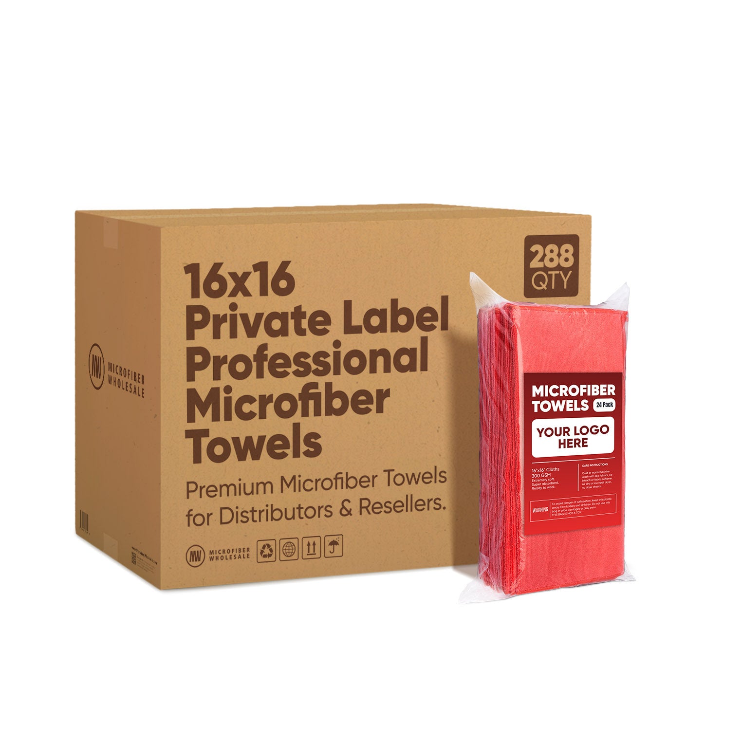 16"x16" 300GSM Microfiber Towels - Case of 288 - Private-Label