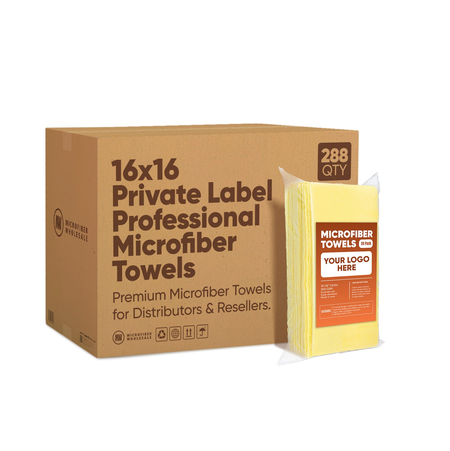 16"x16" 300GSM Microfiber Towels - Case of 288 - Private-Label