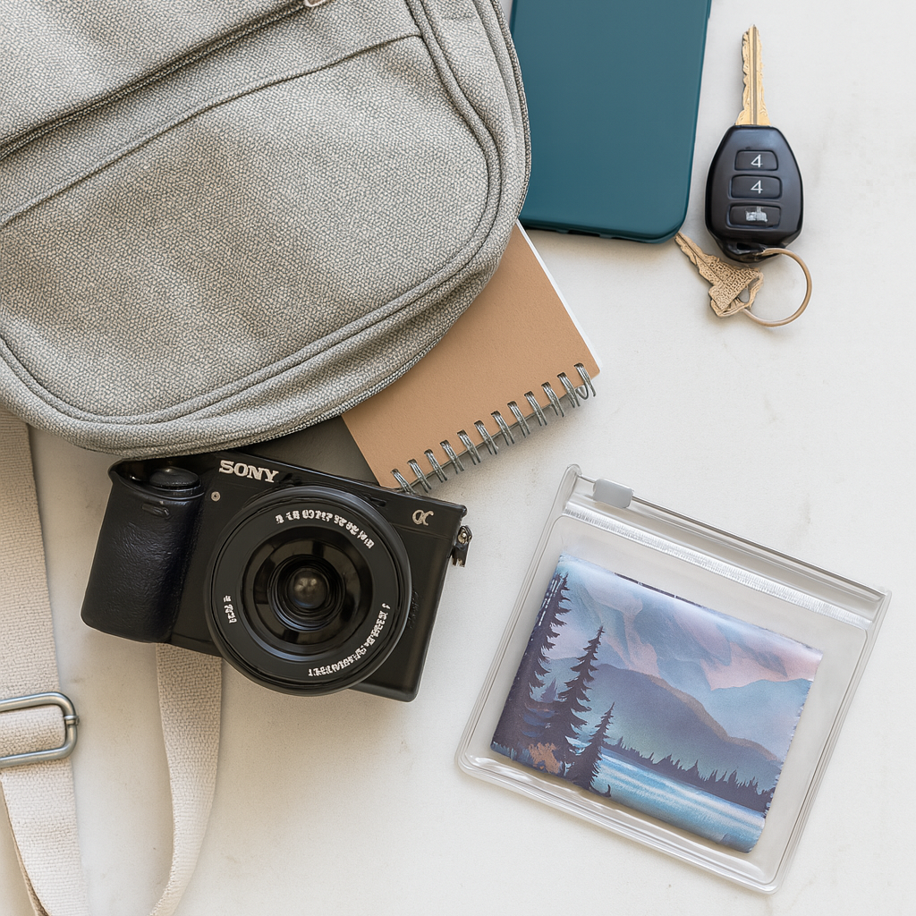 a lens cloth and camera spilling out of a backpack on a table