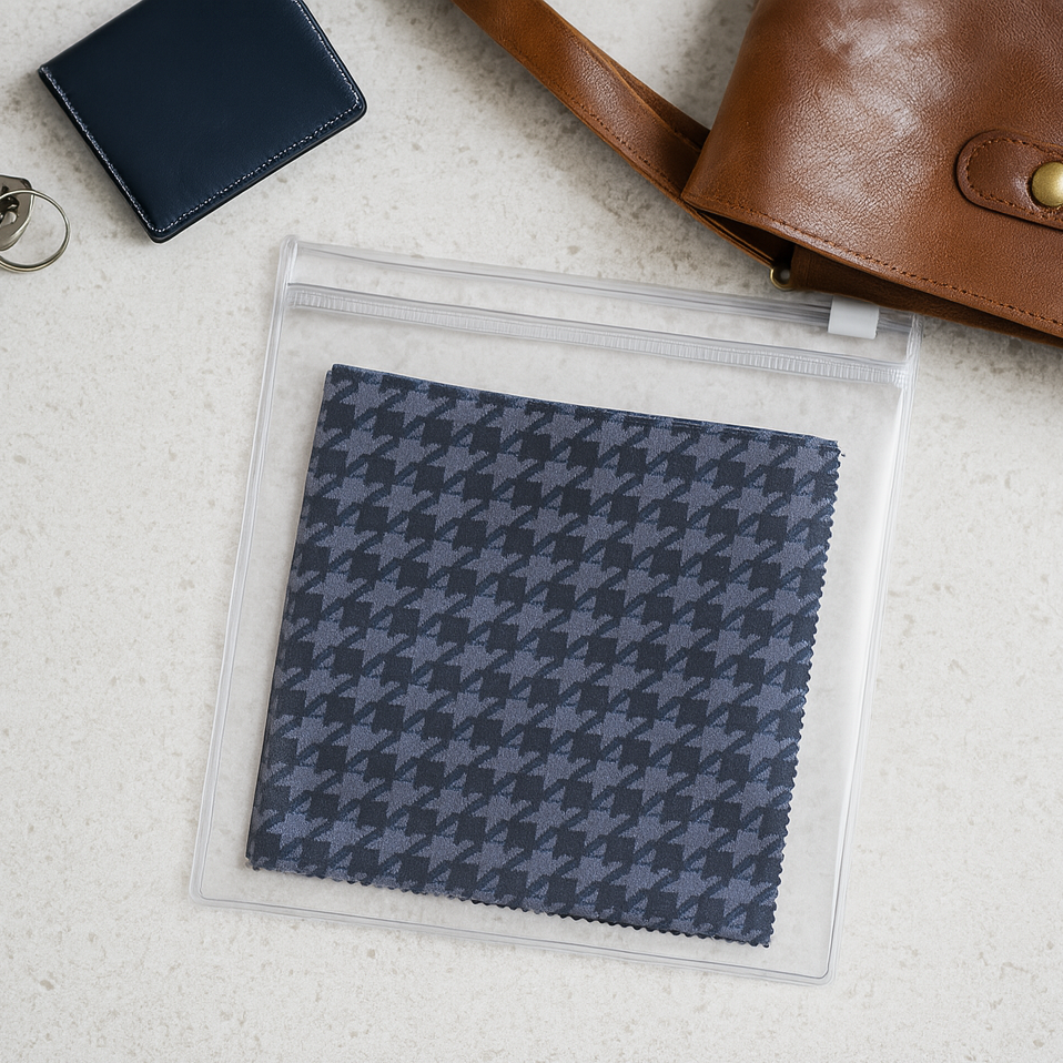 a lens cloth in a pouch on a countertop with car keys and a handbag