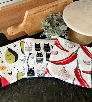printed waffle towels on a kitchen countertop