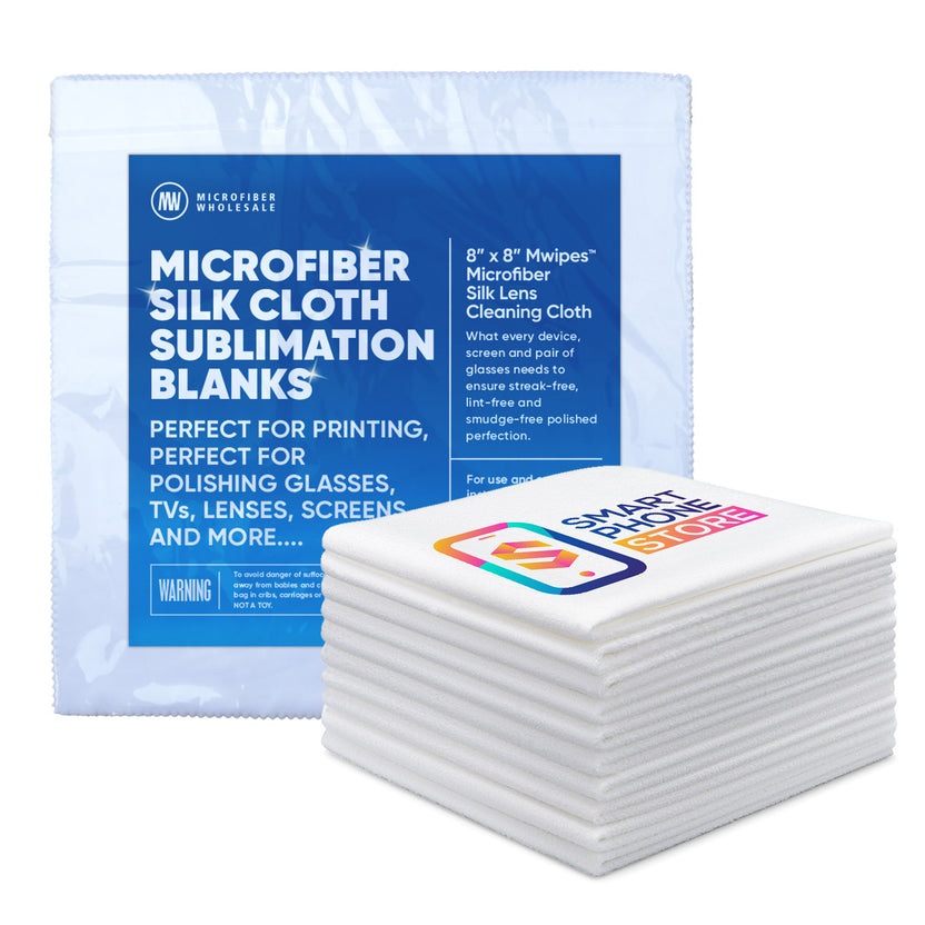 Fanned stack of light blue 8 by 8 inch microfiber silk lens cloths with pinked edges