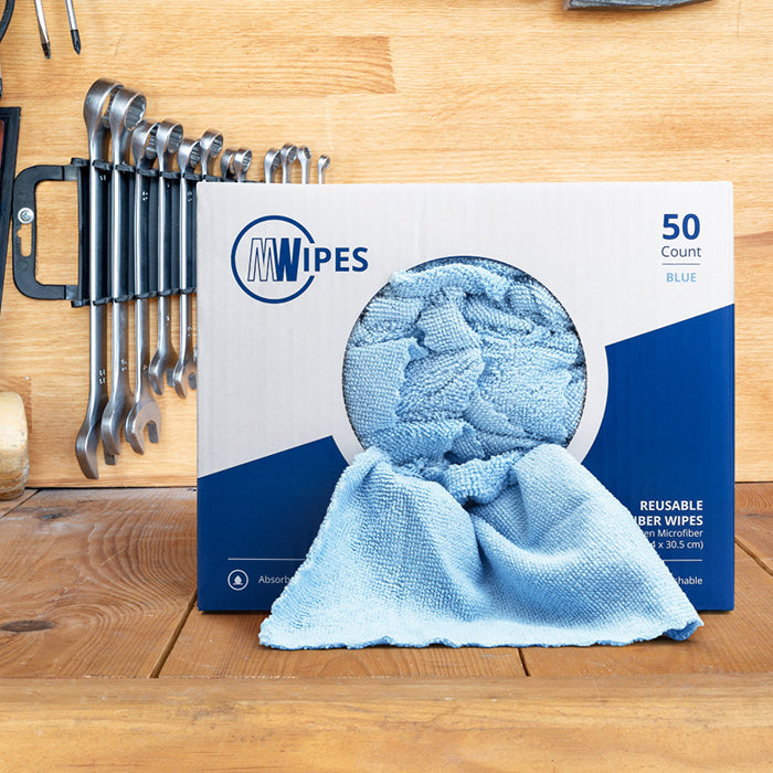 a closeup shot of a box of blue microfiber rags