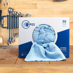 a closeup shot of a box of blue microfiber rags