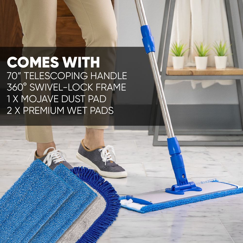 9 Flexible Mini Microfiber Mop System | Adjustable Stainless Steel Handle | 2 Reusable Microfiber Mop Pads | Machine Washable | Wet Mop for