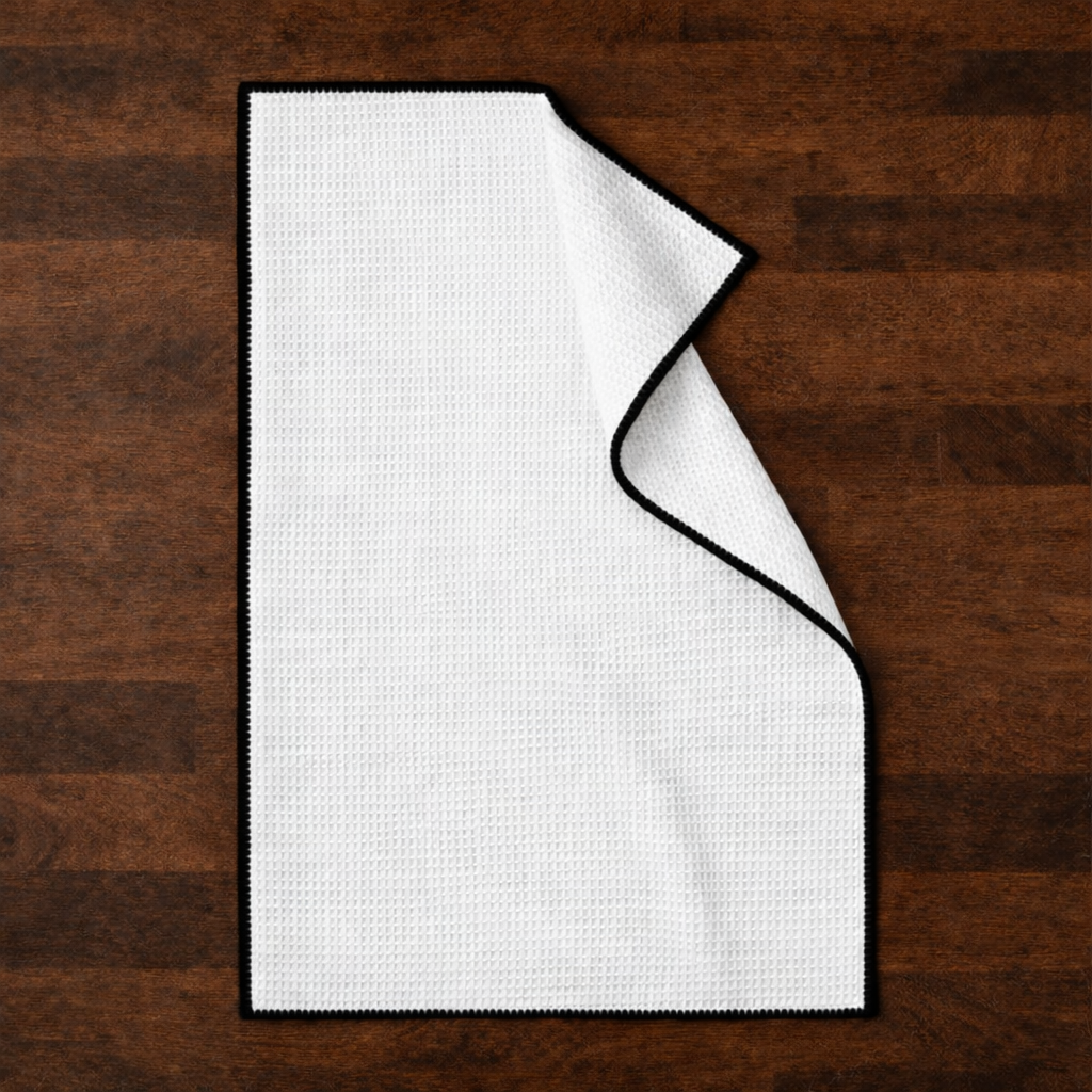 black border white waffle towel lay flat