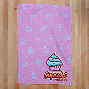 printed waffle towel on a tabletop