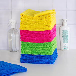 multicolor stack of microfiber in a bathroom