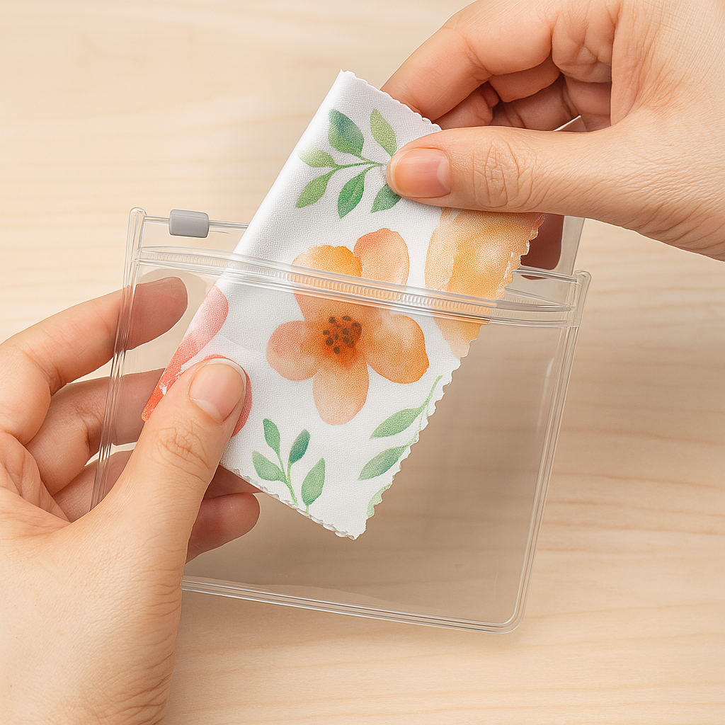 a person putting a lens cloth inside a pouch