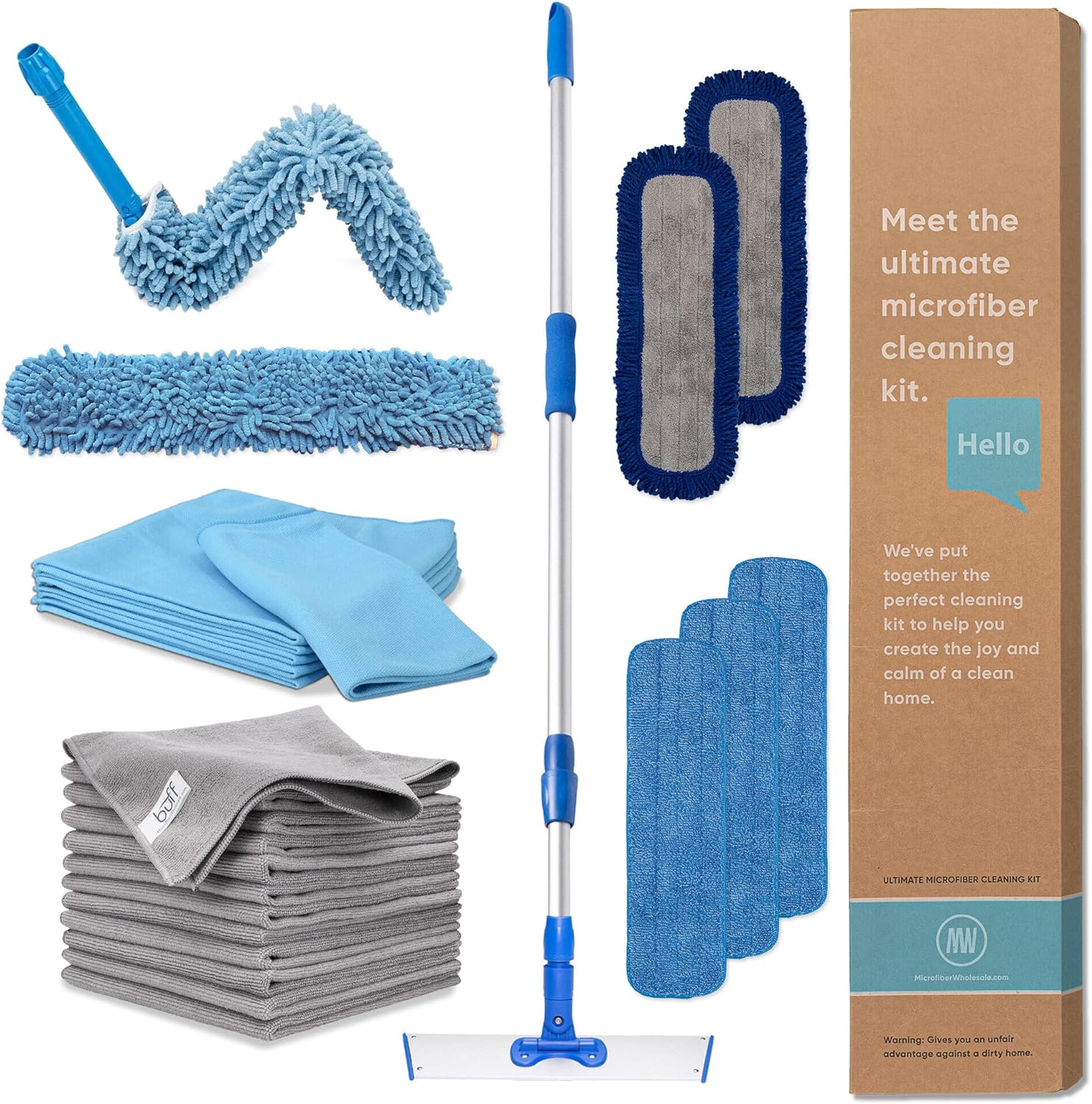 Ultimate Microfiber Cleaning Kit - Dry & Wet Mop for Hardwood, Tile, Vinyl Floors | 12Pack Microfiber Cleaning Cloth | High Duster | Glass Cleaning