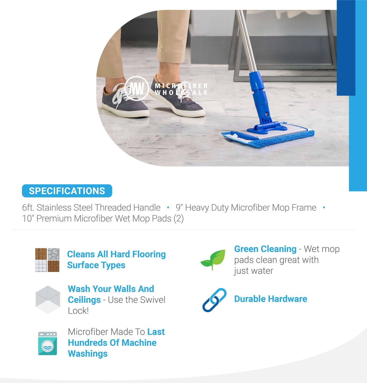 10 inch Professional Commercial Microfiber Mini Mop Kit With Two 10 inch  Microfiber Mop Pads and Light Weight Aluminum Mop Frame and Handle 